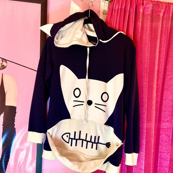 Forever 21 Sweaters - Forever 21 Navy Blue Cat Ear Hoodie Novelty Pullover Sweatshirt Women’s Large